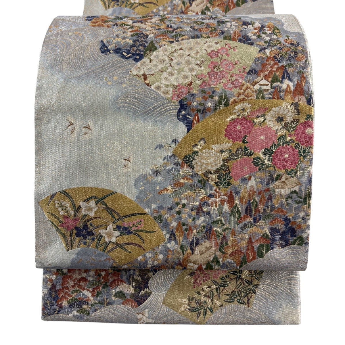 袋帯 神品 証紙あり 扇子 建築物 箔 薄墨色 六通 正絹 【中古】