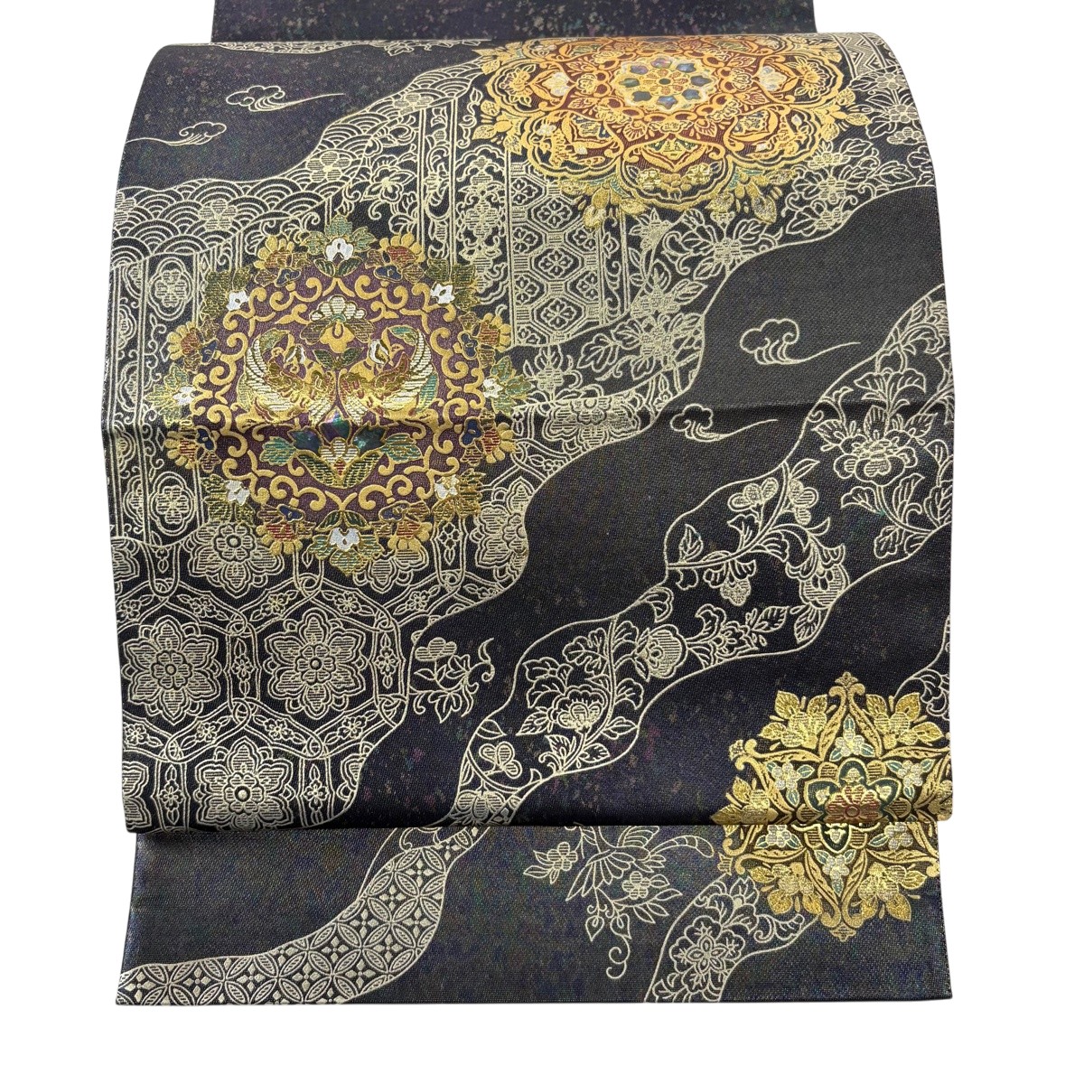 【美品】 袋帯 神品 華文 花鳥 螺鈿 現ナマ彩 紺色 お太鼓柄 正絹 【中古】