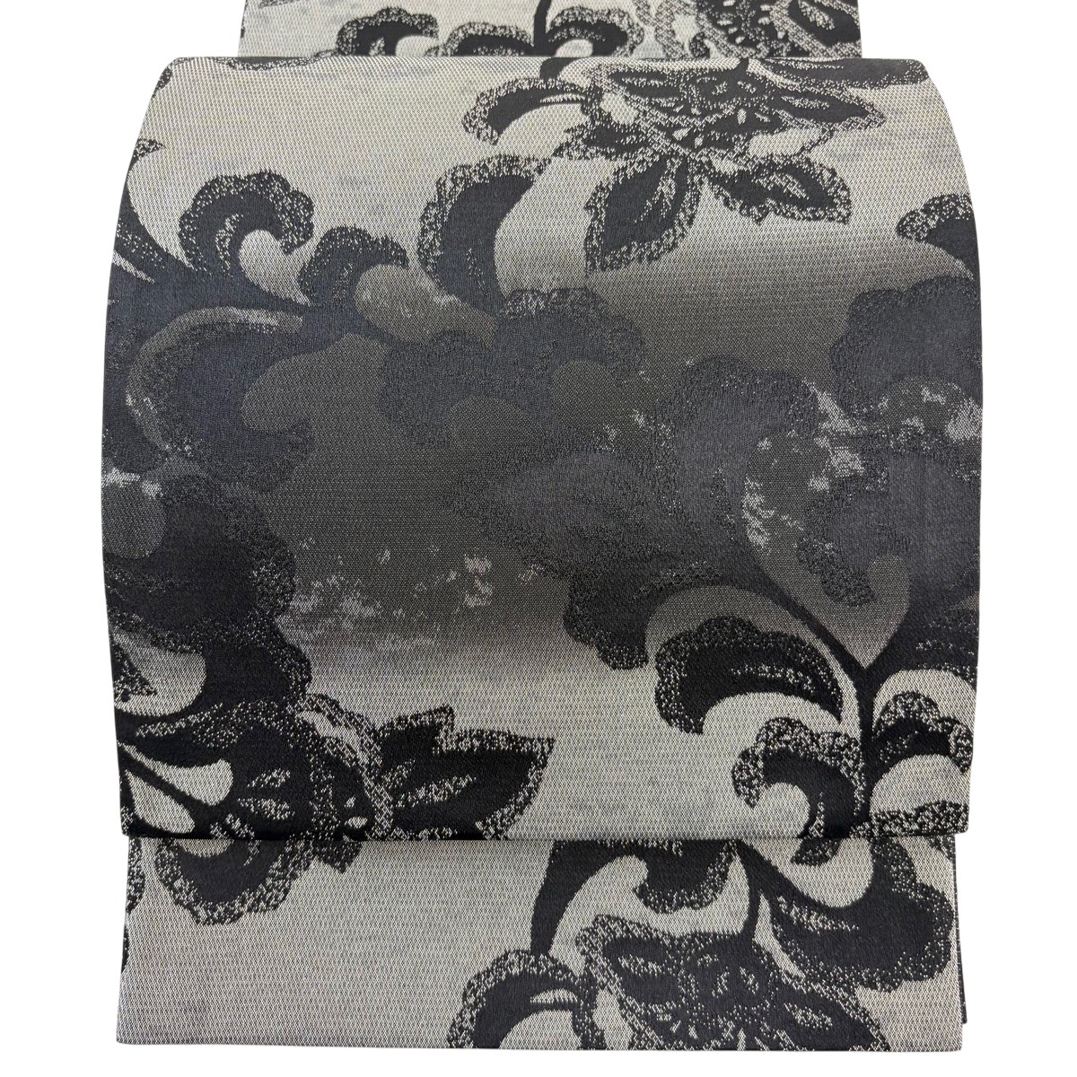 【美品】 袋帯 神品 花唐草 段縞 銀糸 ぼかし 黒 全通 正絹 【中古】