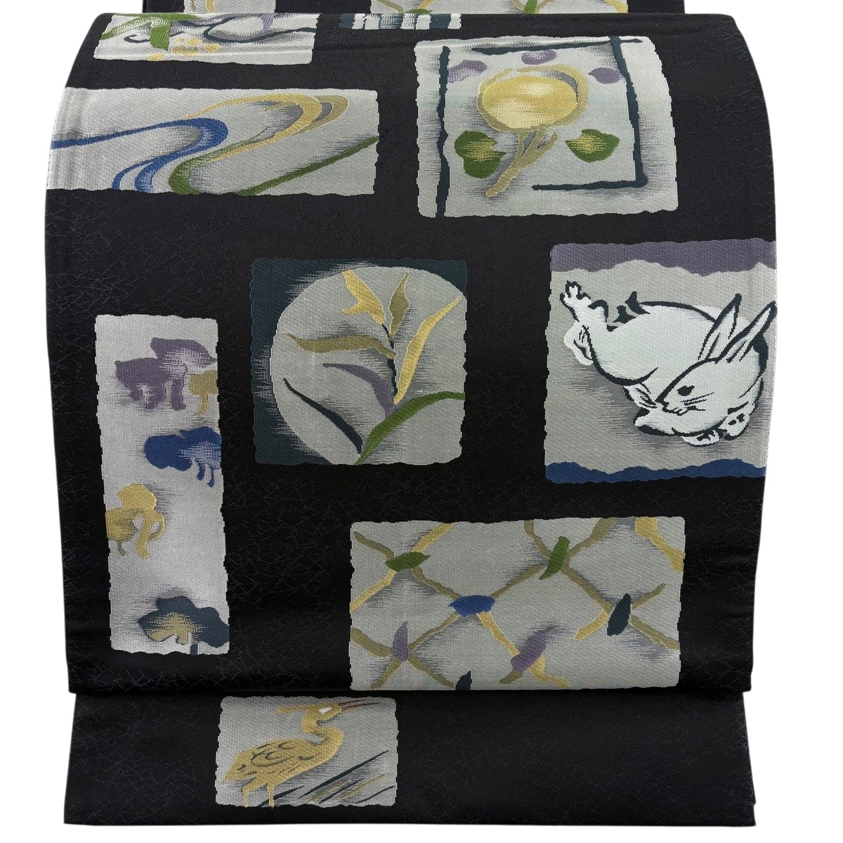 【美品】 袋帯 珠玉 菱屋善兵衛 名書きあり うさぎ 顕花植物 黒 六通 正絹 【中古】