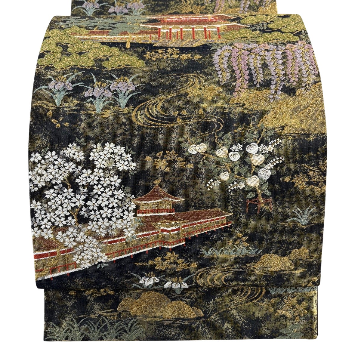 【美品】 袋帯 秀品 構築物 藤 箔 黒 六通 正絹 【中古】