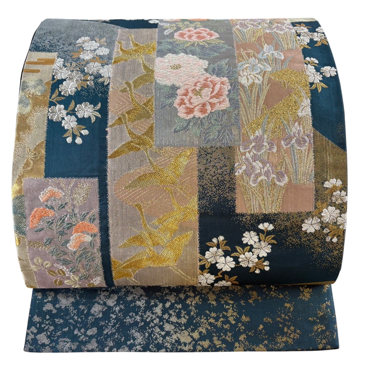 【美品】 袋帯 秀品 鶴 顕花植物 箔 現ナマ糸 紺色 六通 正絹 【中古】
