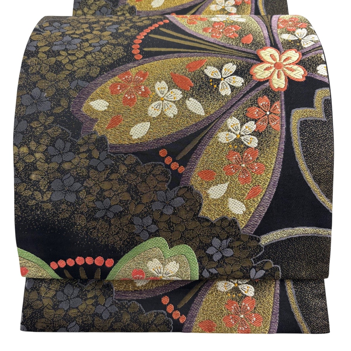 【美品】 袋帯 秀品 桜 花 金糸 箔 黒 六通 正絹 【中古】