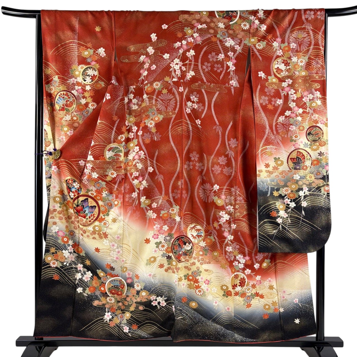 振袖 身の丈156珊 裄丈66珊 M 袷 丸文 蝶 金糸 金彩 緋色 正絹 秀品 【中古】