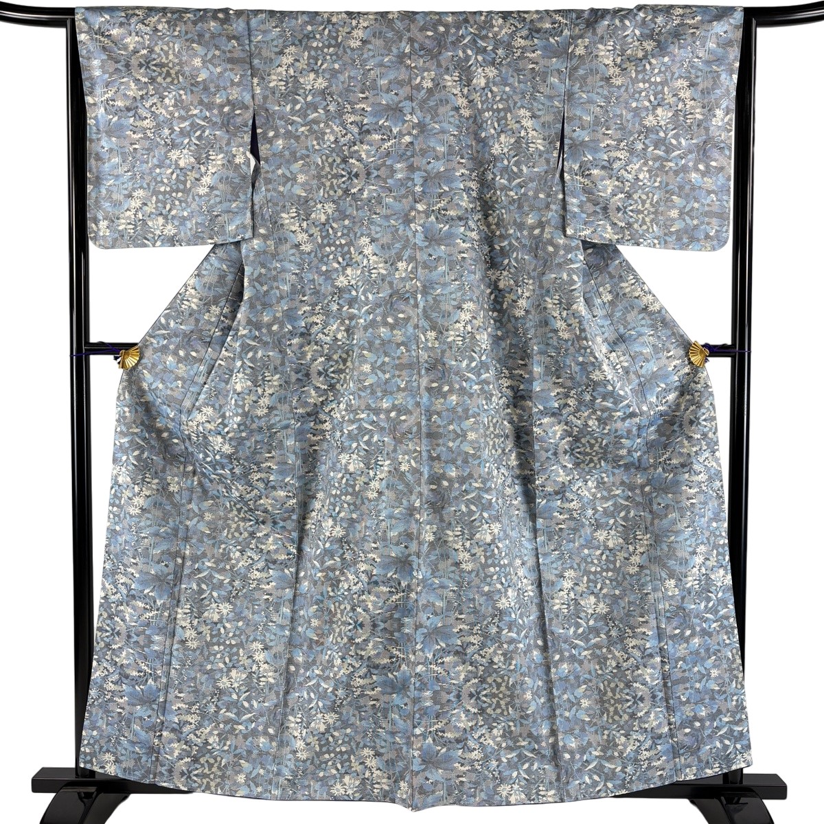 【美品】 大島紬 身の丈159珊 裄丈64.5珊 M 袷 証紙あり 顕花植物 青薄墨色 正絹 秀品 【中古】