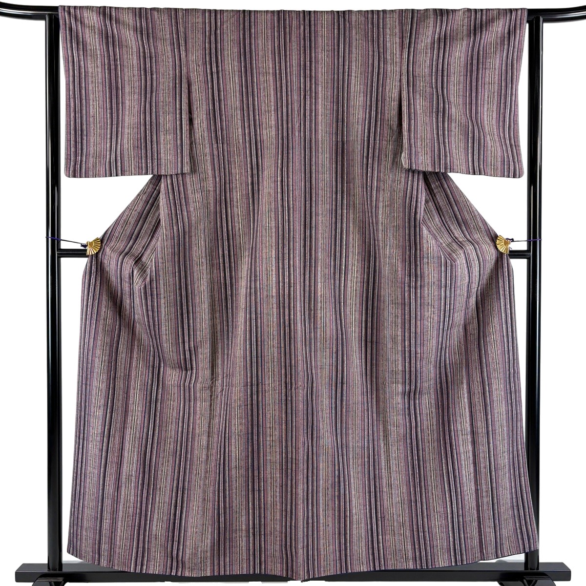 【美品】 紬 身の丈156.5珊 裄丈62珊 S 袷 縦縞 紫 正絹 秀品 【中古】