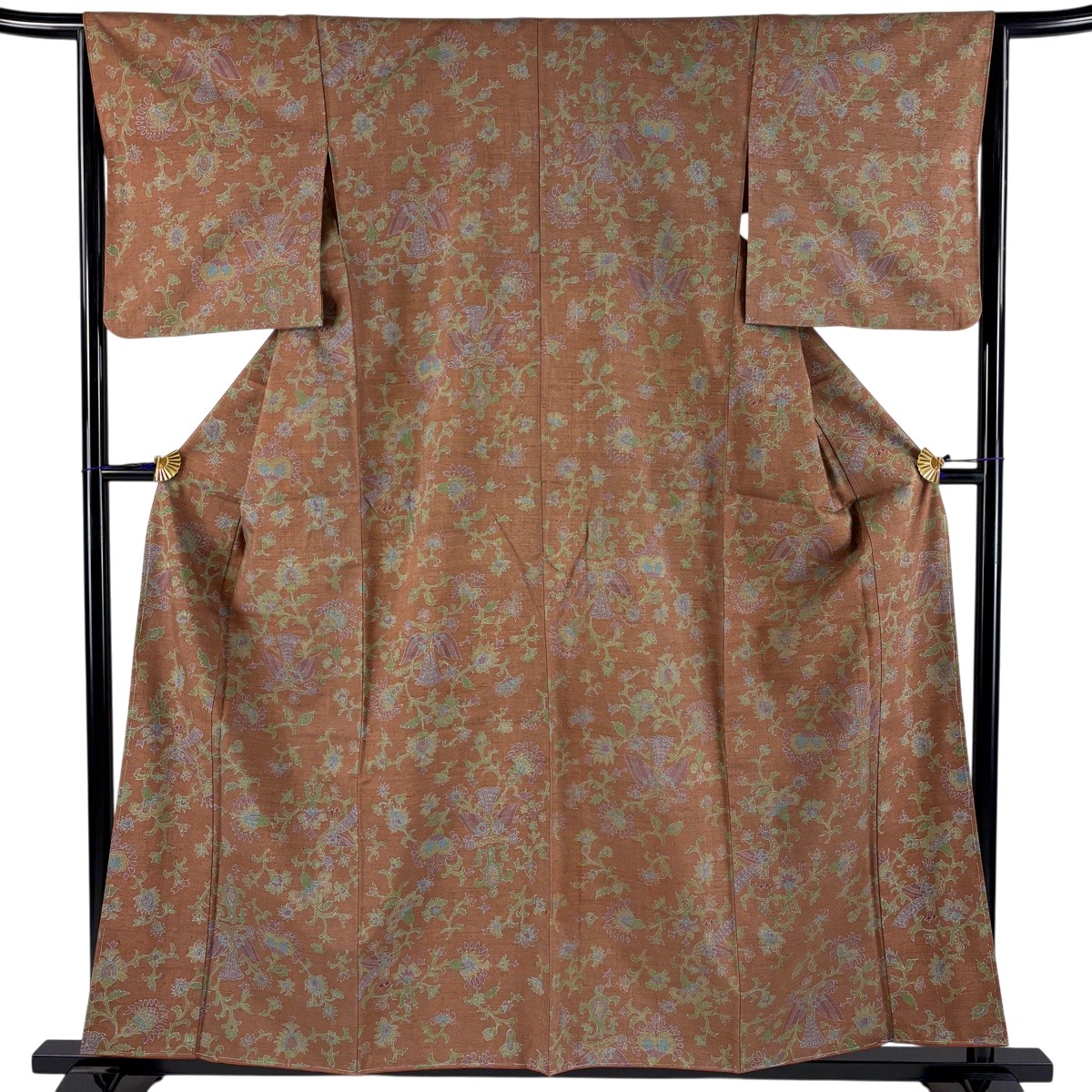 【美品】 小紋 身の丈158珊 裄丈64珊 M 袷 紬地 顕花植物 鳥 赤銅色 正絹 秀品 【中古】