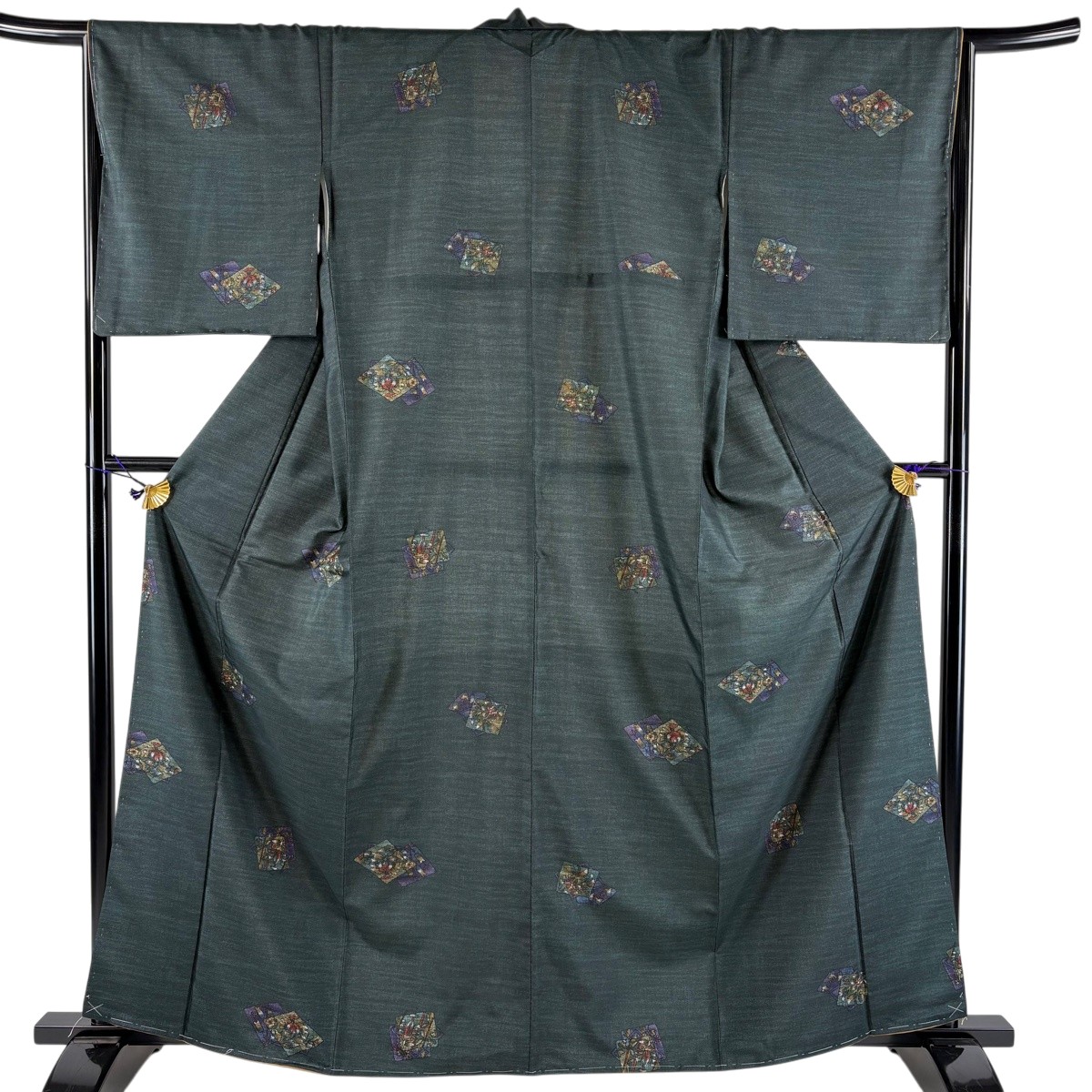 【美品】 小紋 身の丈163.5珊 裄丈66.5珊 M 袷 バチ衿 顕花植物 色紙 深緑 正絹 秀品 【中古】