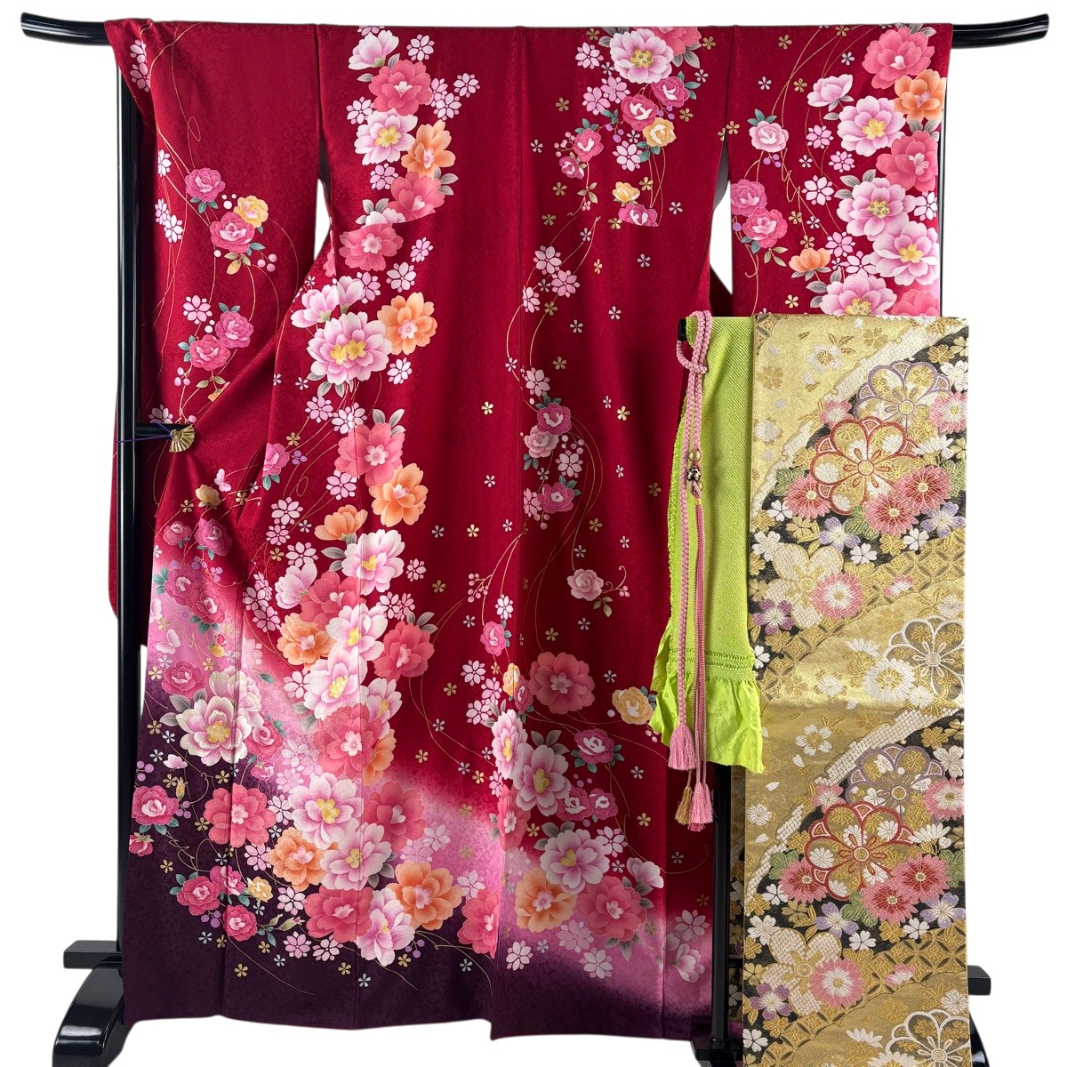振袖 身の丈167.5珊 裄丈68珊 L 袷 袋帯フルセット 顕花植物 地紋 刺しゅう 金彩 赤 正絹 神品 【中古】