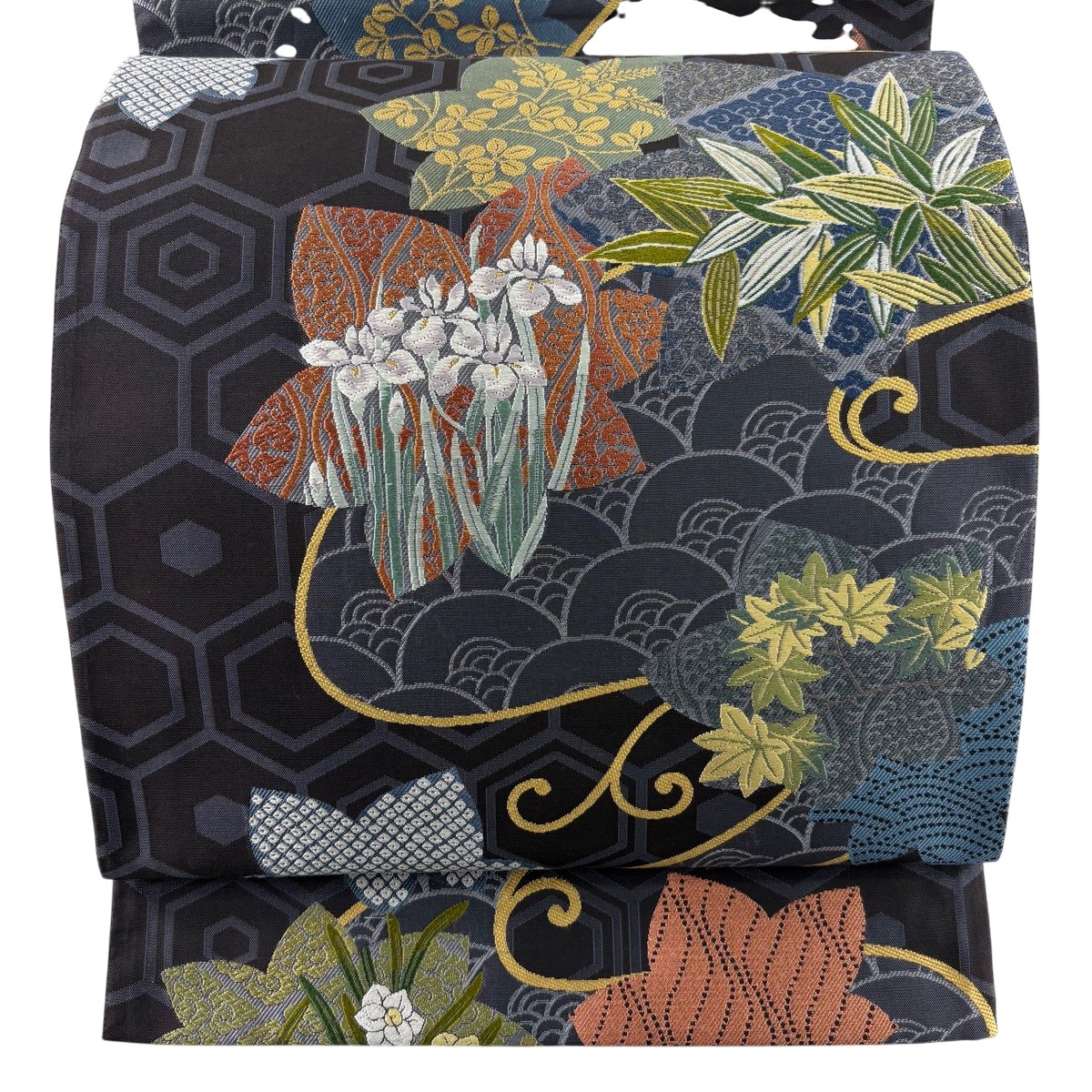 【美品】 袋帯 秀品 楓 顕花植物 唐織 金糸 黒灰 六通 正絹 【中古】