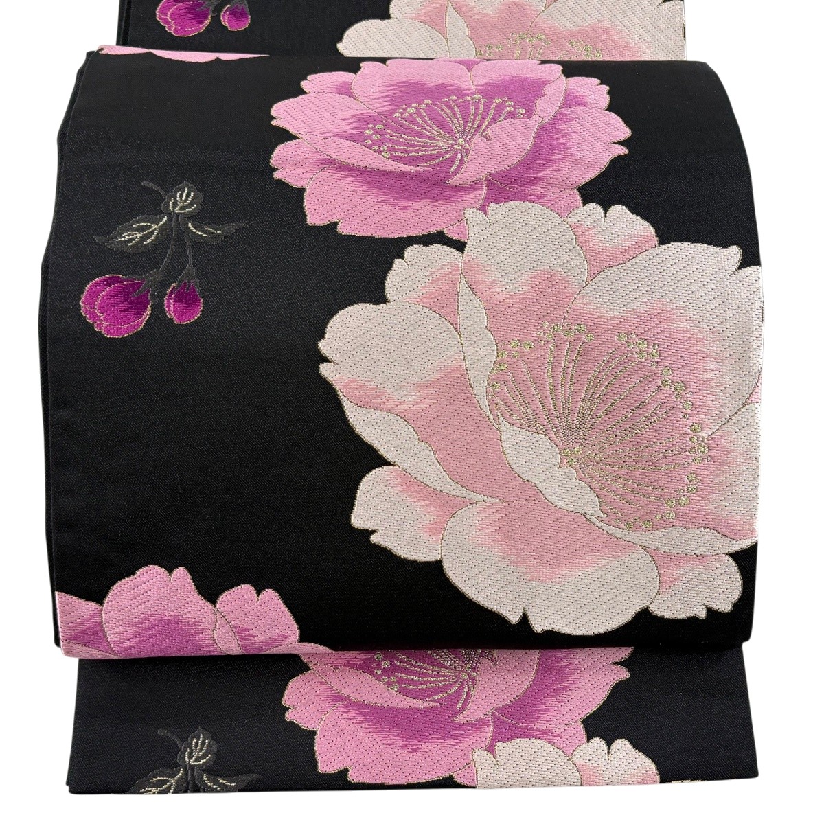 【美品】 袋帯 秀品 桜 蕾 箔 黒 六通 正絹 【中古】