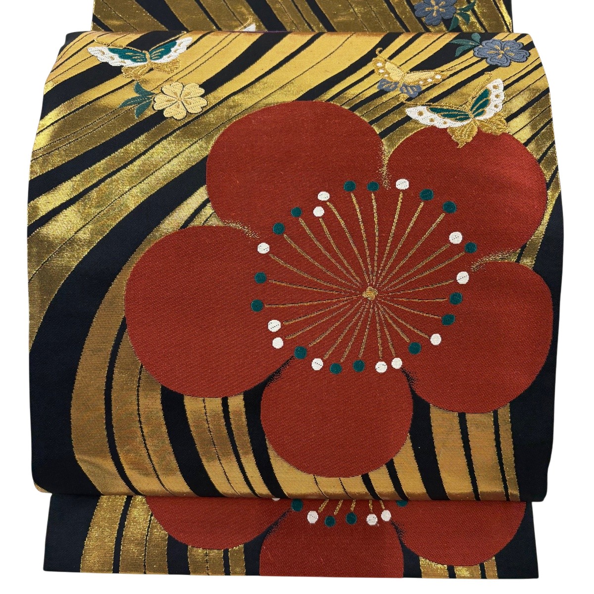 【美品】 袋帯 秀品 梅 蝶 唐織 箔 黒 六通 正絹 【中古】