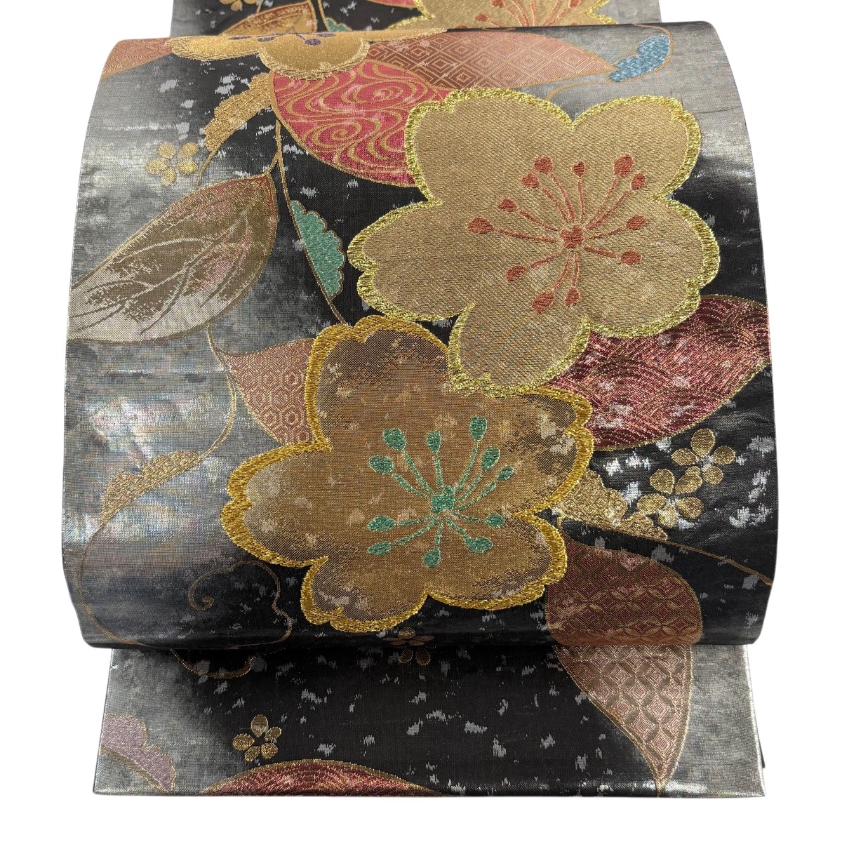 【美品】 袋帯 秀品 折り目正しい箔 振袖針路 桜 金糸 箔 黒灰 六通 正絹 【中古】
