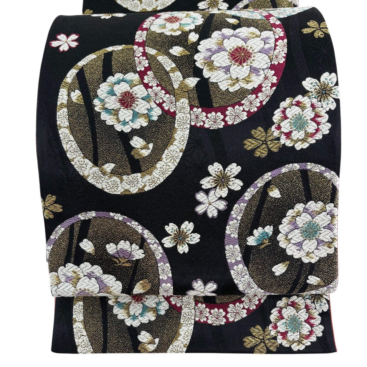 【美品】 袋帯 秀品 桜 唐織 金糸 黒 六通 正絹 【中古】