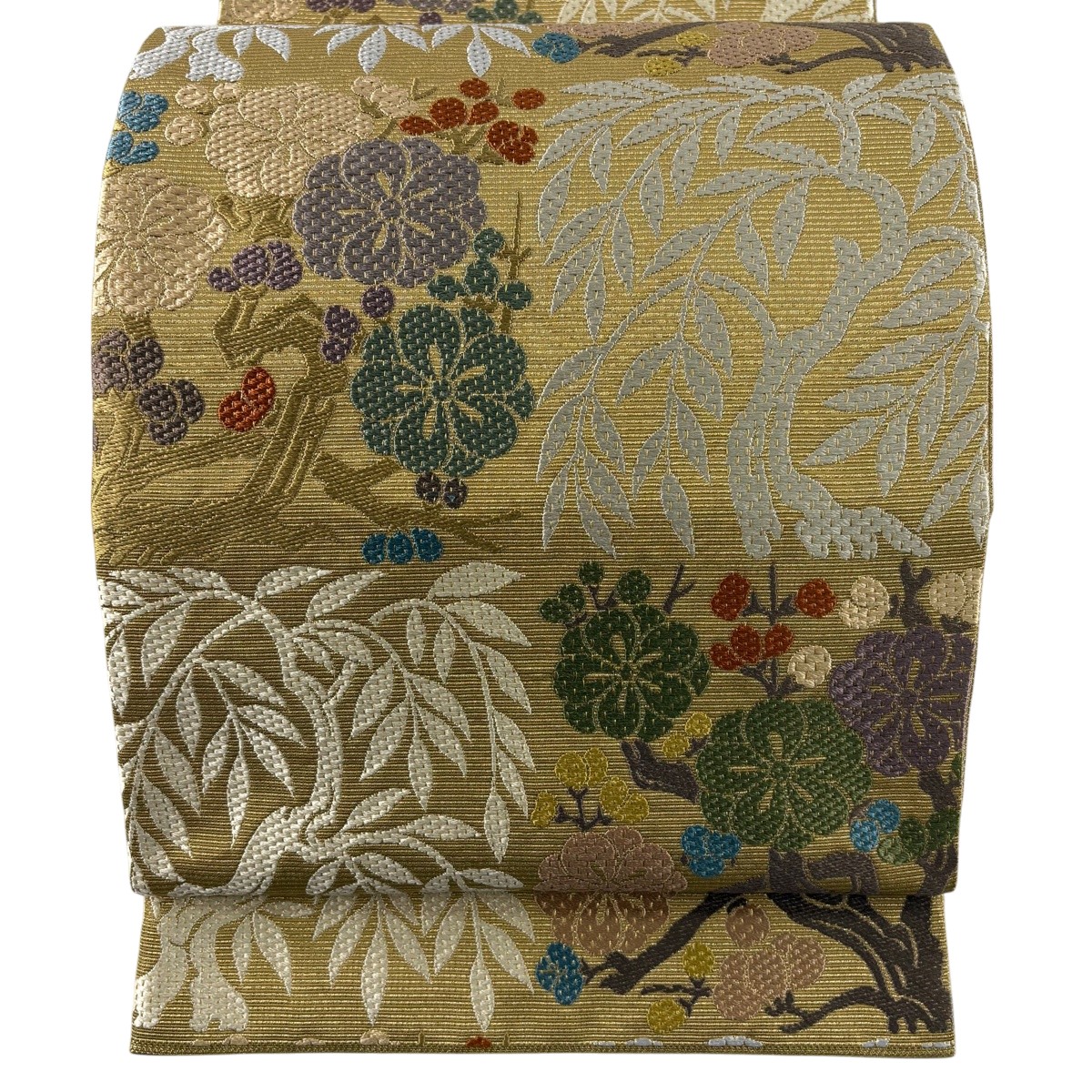 【美品】 袋帯 名曲 枝梅 あずま屋 金糸 薄イエローオーカー色 六通 正絹 【中古】