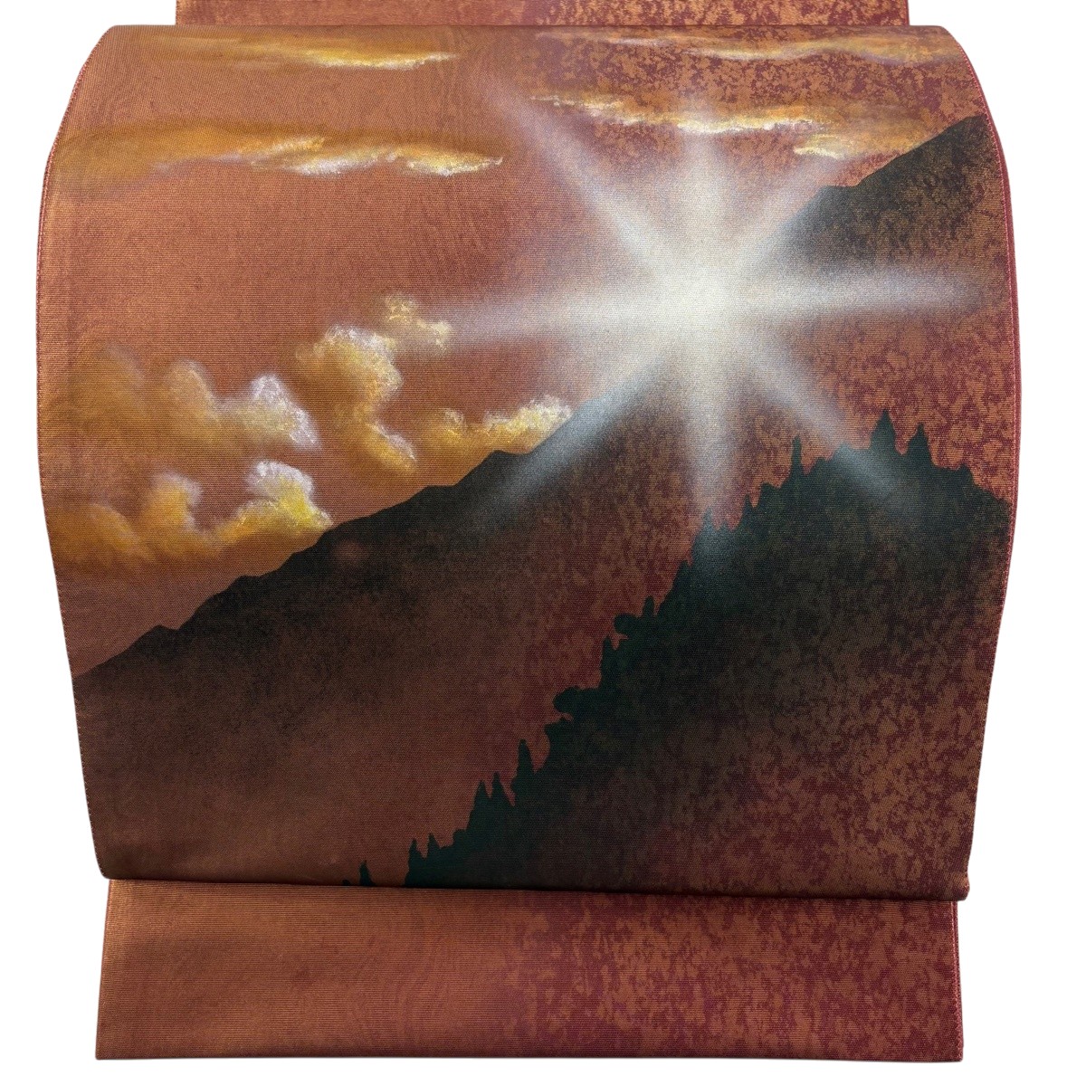 【美品】 袋帯 名曲 日暮れ可視光線 雲文 箔 ぼかし えんじ色 お太鼓柄 正絹 【中古】