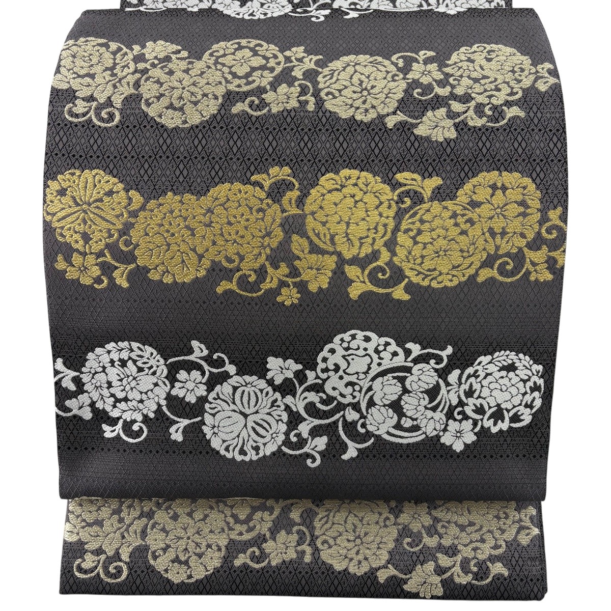 【美品】 袋帯 名曲 三眼蚕糸 やまと 顕花植物 花唐草 金糸 薄墨色 六通 正絹 【中古】