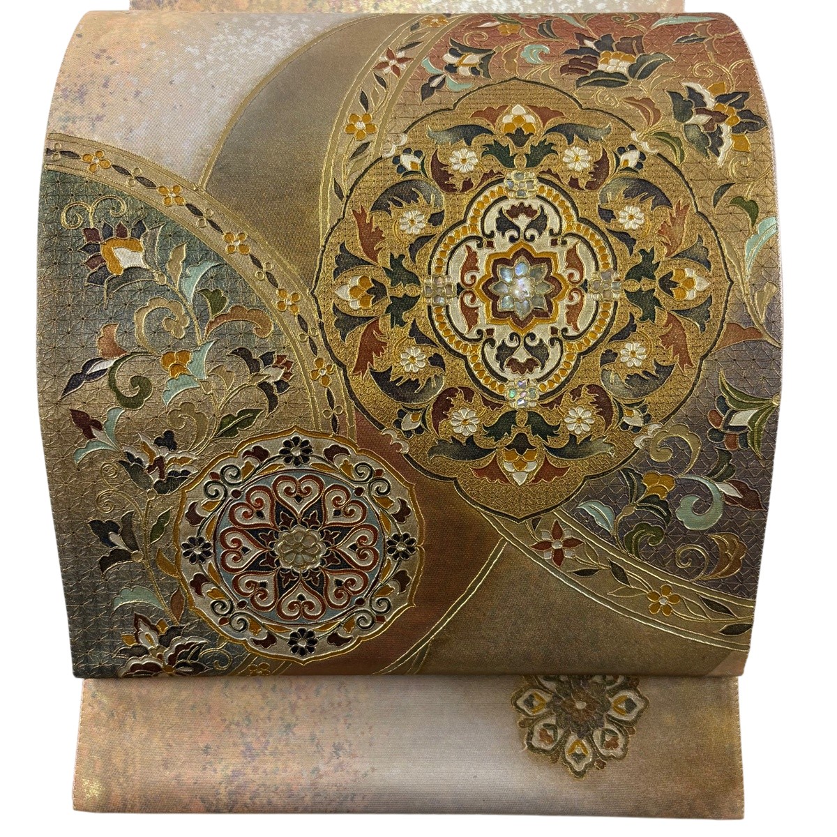 【美品】 袋帯 名曲 華文 花唐草 螺鈿 金彩 金茶 お太鼓柄 正絹 【中古】