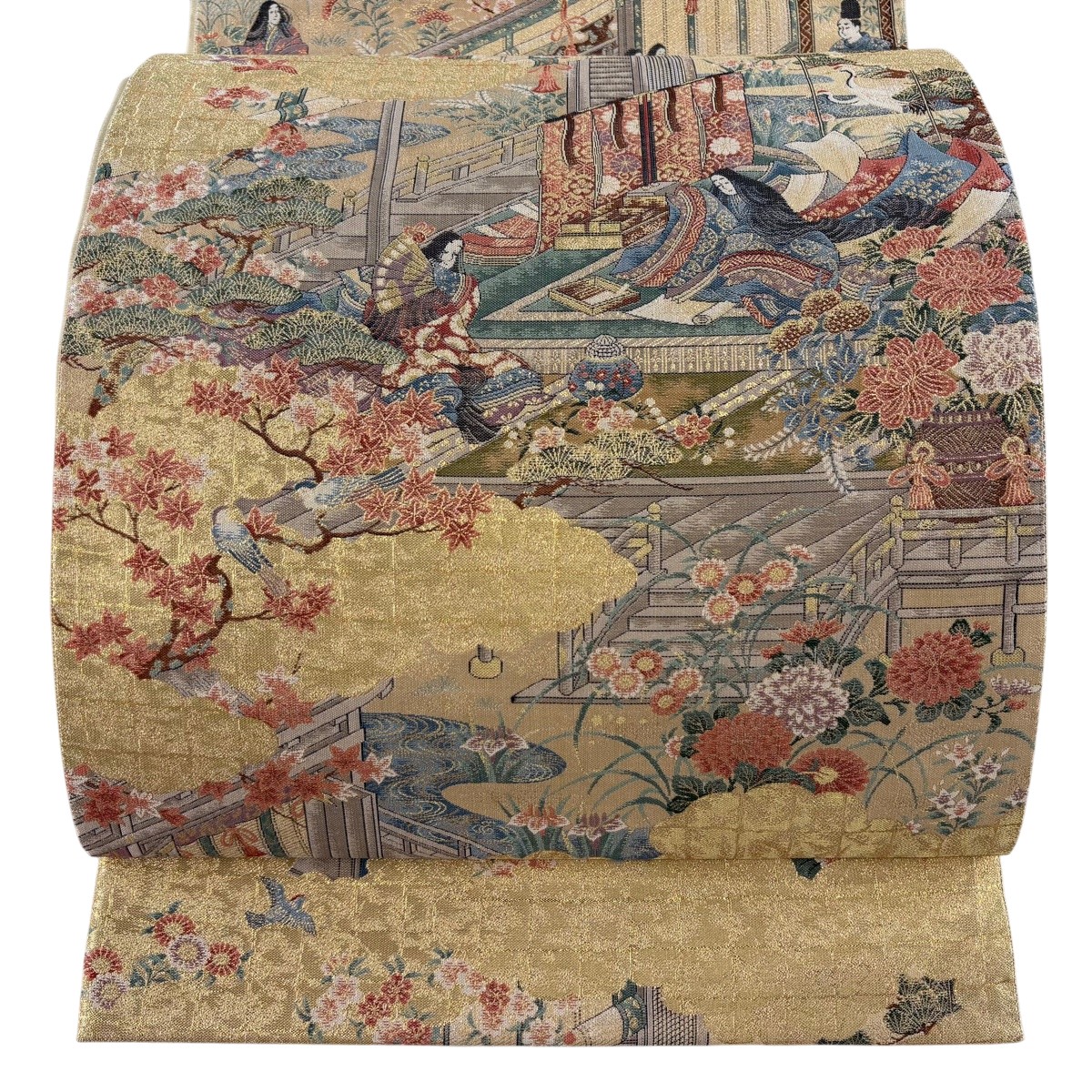 【美品】 袋帯 珠玉 証紙あり 源氏絵巻 九重の天見晴らし 重要人物 金糸 箔 金色 六通 正絹 【中古】
