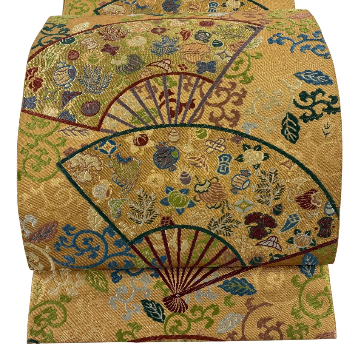 【美品】 袋帯 珠玉 川島織物 名書きあり 扇 宝尽くし 金糸 箔 イエローオーカー色 六通 正絹 【中古】