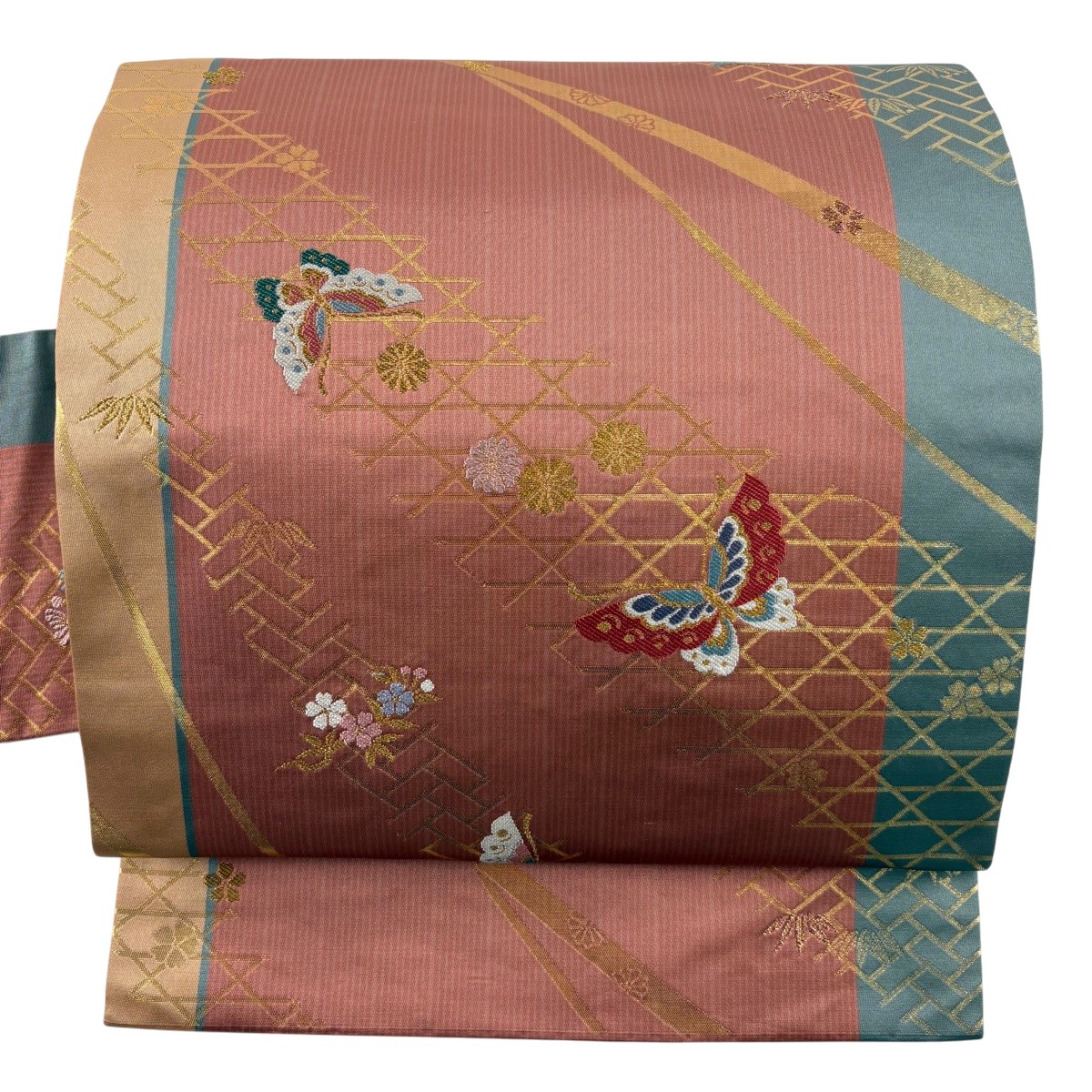 【美品】 名古屋帯 秀品 関西仕立て 蝶 菊 金糸 箔 サーモンピンク 正絹 【中古】｜バイセル 店