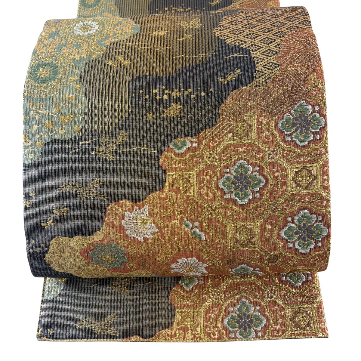 【美品】 袋帯 秀品 蜀江華文 顕花植物 現ナマ糸 箔 黒灰 六通 正絹 【中古】