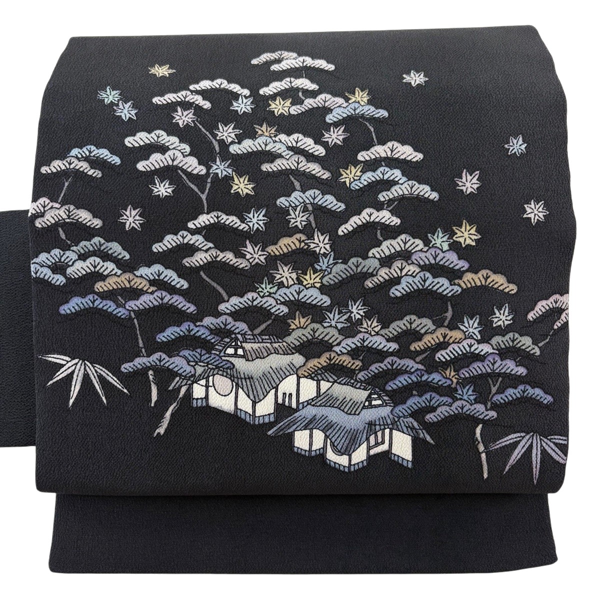 名古屋帯 秀品 建築物 松 クレープ 黒 正絹 【中古】