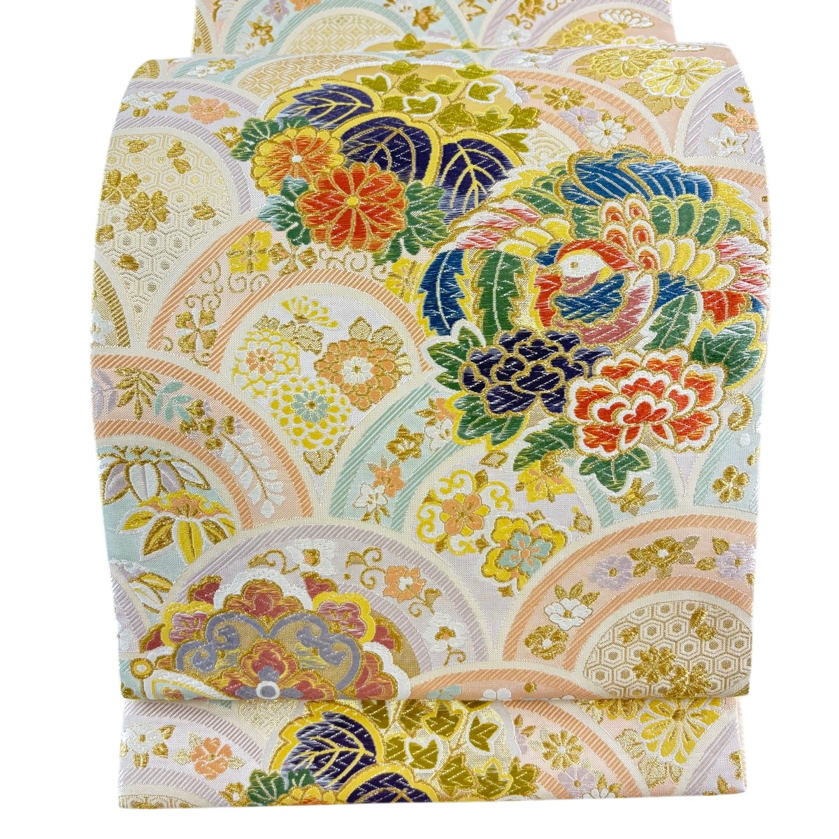 【美品】 袋帯 名曲 花丸紋 青海波 箔 金糸 薄オレンジ色 六通 正絹 【中古】