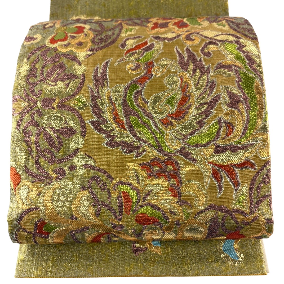 【美品】 袋帯 名曲 関西仕立てもの 鳳凰 花唐草 箔 うす茶色色 お太鼓柄 正絹 【中古】