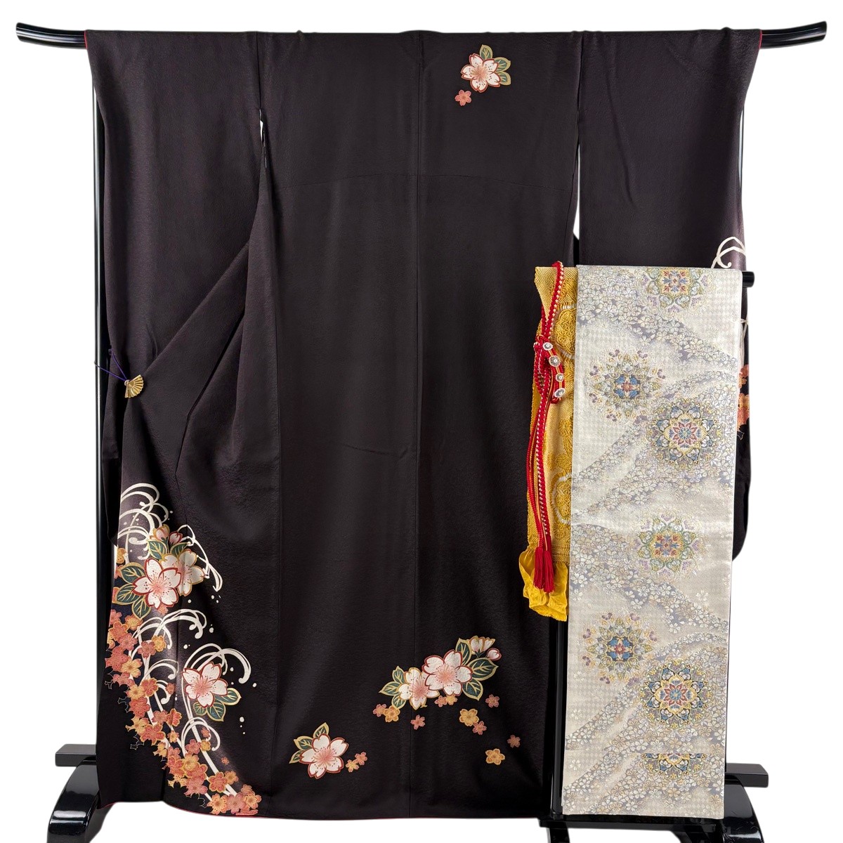 【美品】 振袖 身たけ168糎 裄丈67.5糎 L 袷 袋帯フルセット 桜 波頭 金彩 ぼかし 茶紫 正絹 秀品 【中古】