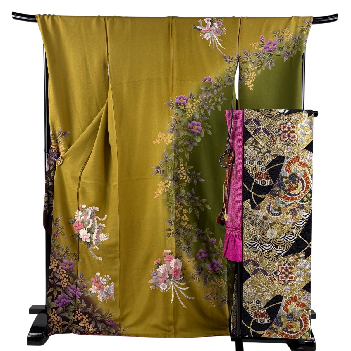 振袖 身たけ170糎 裄丈69糎 L 袷 袋帯フルセット 鳳凰 顕花植物 金彩 ぼかし 茶緑であること 正絹 秀品 【中古】