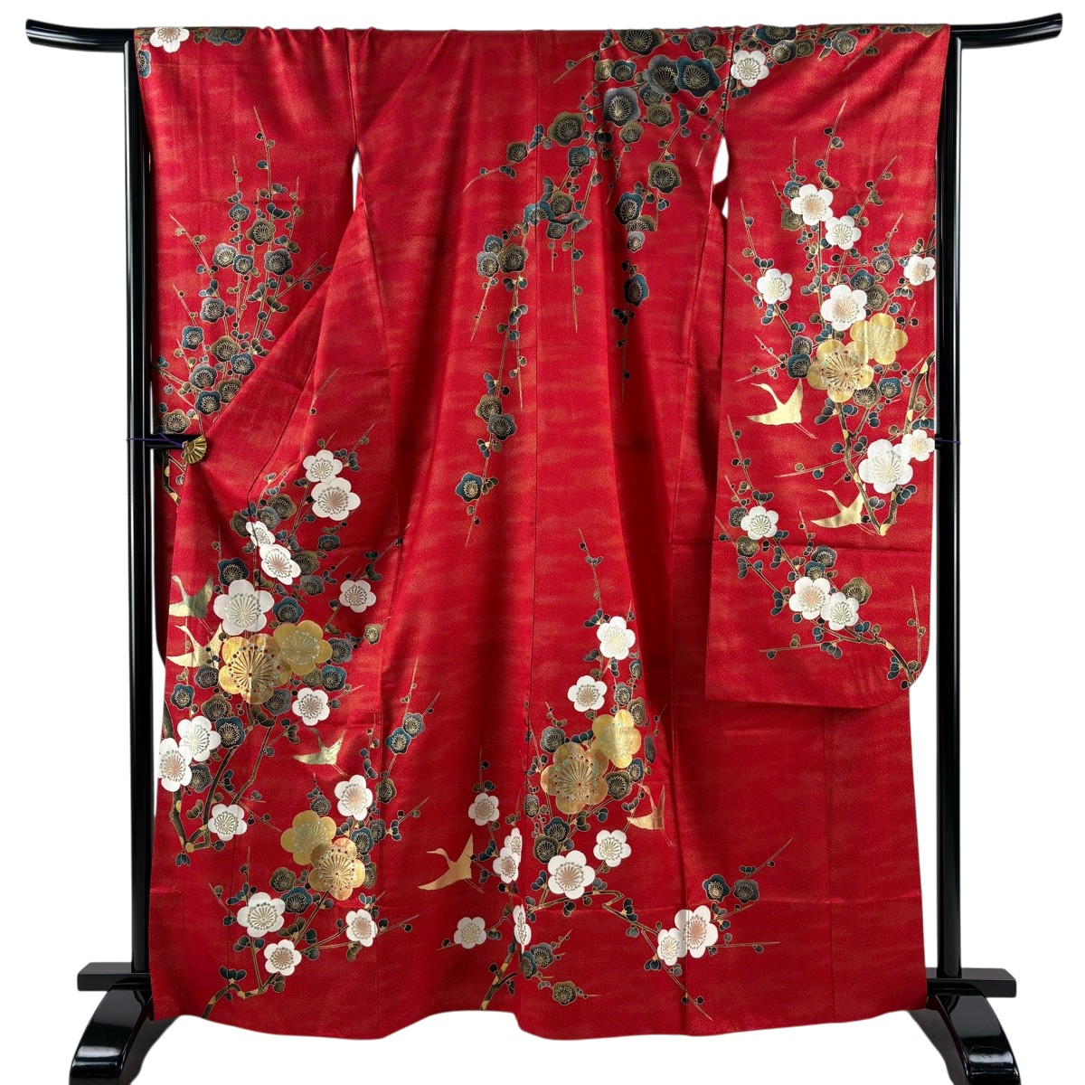 振袖 身たけ163糎 裄丈66.5糎 M 袷 枝梅 鳥 現ナマ彩 赤 正絹 秀品 【中古】
