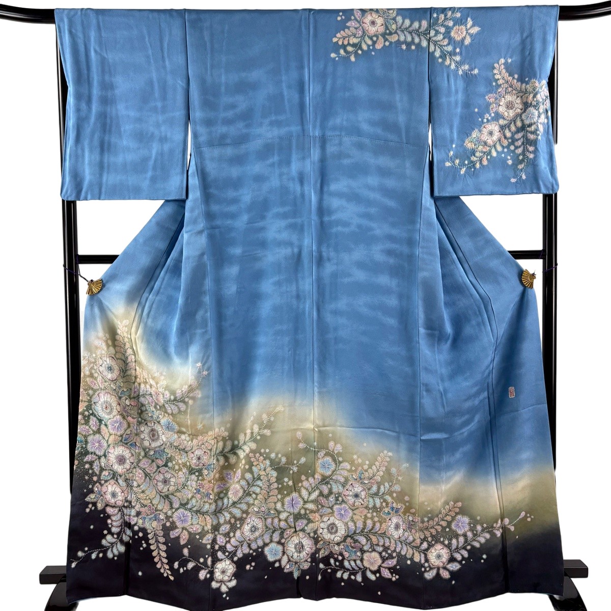 【美品】 短い訪問着 身たけ165糎 裄丈67糎 M 袷 翠山制作室 やまと 名書きあり 辻が花 ぼかし 水色 正絹 名曲 【中古】