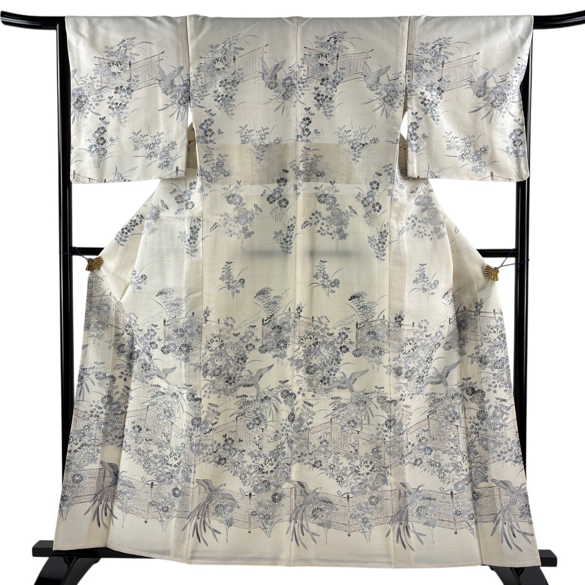 【美品】 短い訪問着 身たけ160糎 裄丈65.5糎 M 単衣 紬地 鳥 顕花植物 皮膚軟化剤 正絹 名曲 【中古】