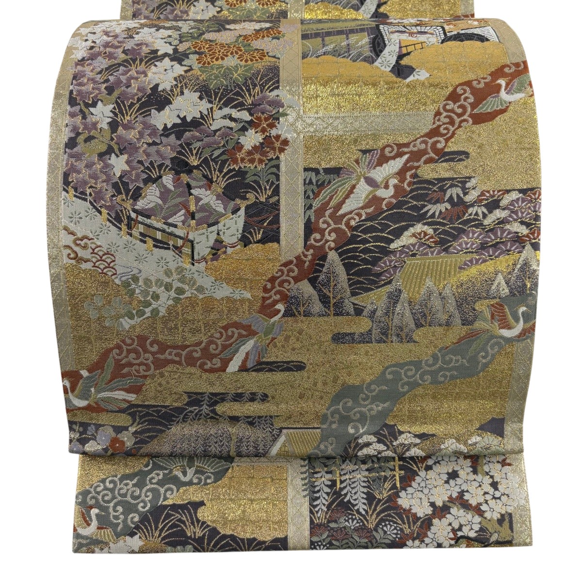 【美品】 袋帯 名曲 名書きあり 藤三郎 御所車 花鳥 箔 灰紫 六通 正絹 【中古】