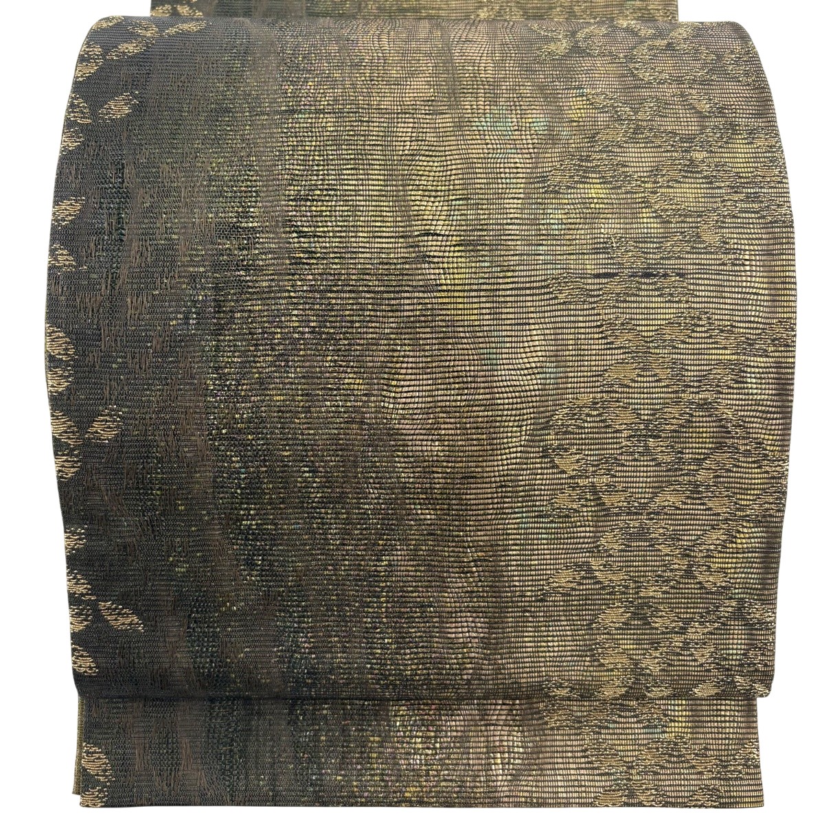 【美品】 袋帯 名曲 七宝 金糸 箔 茶緑であること 六通 正絹 【中古】