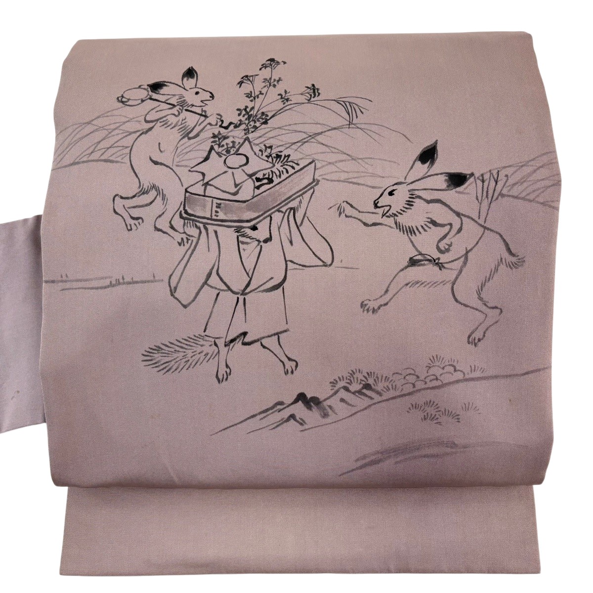 名古屋帯 名曲 野生動物ポンチ絵 灰紫 正絹 【中古】