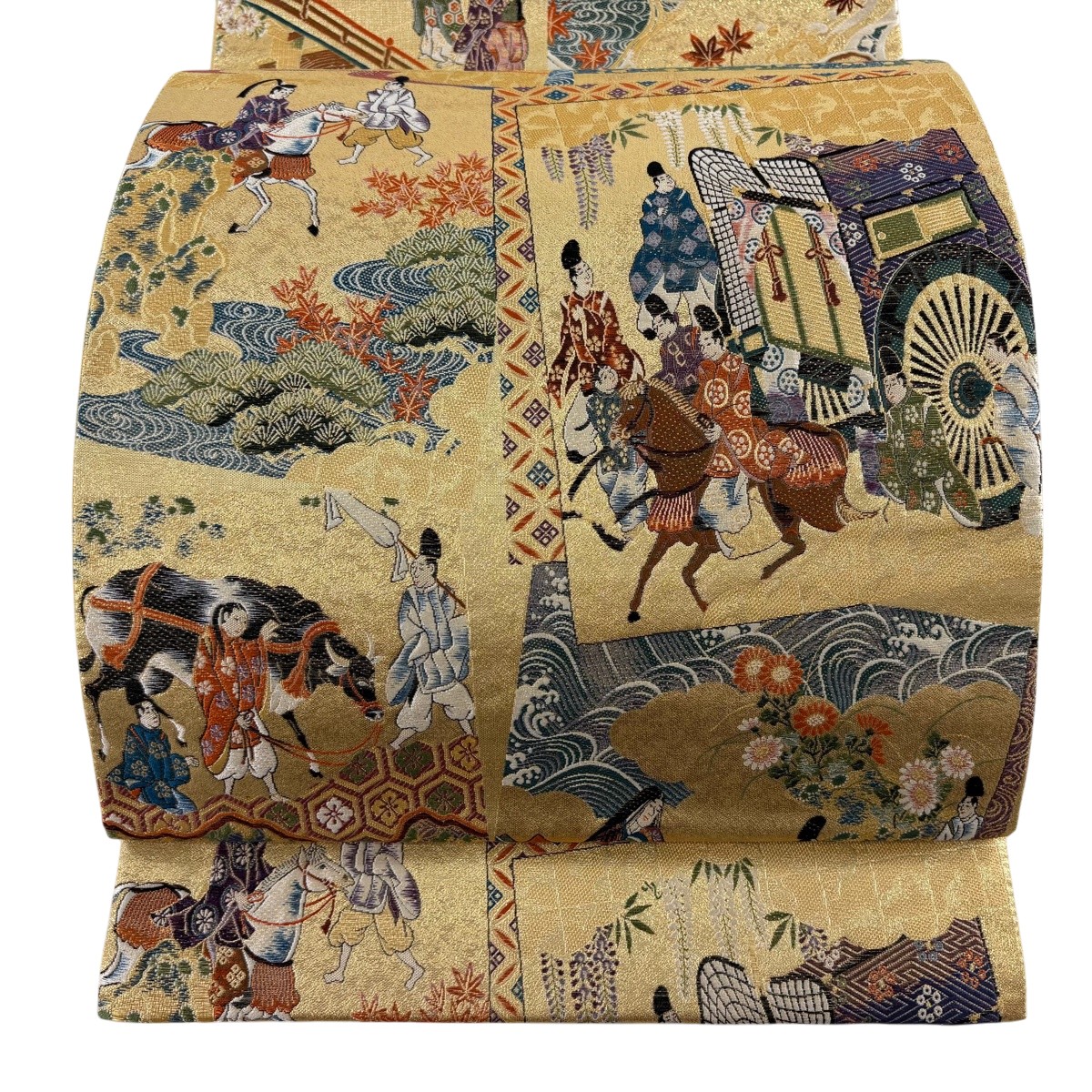 【美品】 袋帯 逸品 御所車 人物 金糸 箔 金色 六通 正絹 【中古】｜バイセル 店