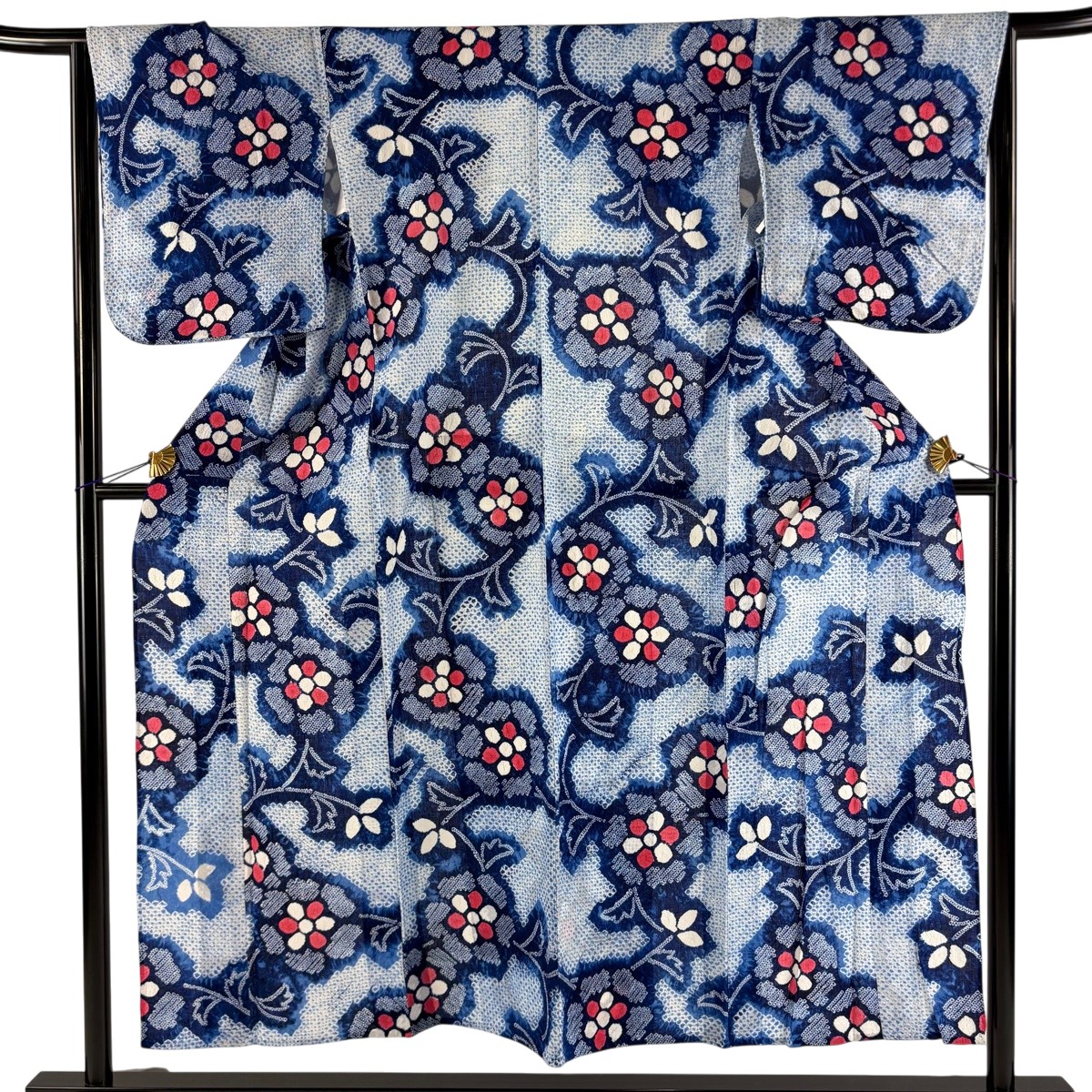 【美品】 浴衣 身たけ152糎 裄丈64.5糎 M 絞り浴衣 顕花植物 青 綿 名曲 【中古】