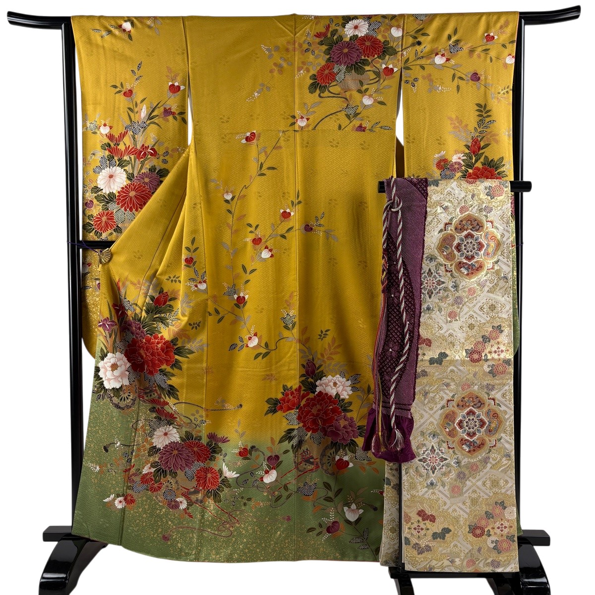 【美品】 振袖 身たけ162糎 裄丈63.5糎 S 袷 袋帯フルセット 割れ易い 金彩 染め分け 山吹赤銅色 正絹 秀品 【中古】