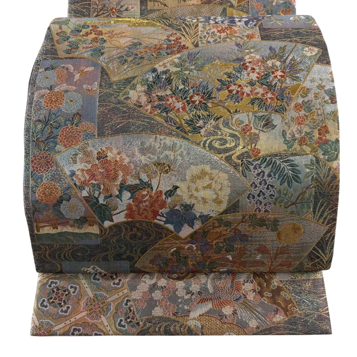 【美品】 丸帯 逸品 扇面 草花 金糸 箔 灰緑 お太鼓柄 正絹 【中古】 msp30|バイセル 店