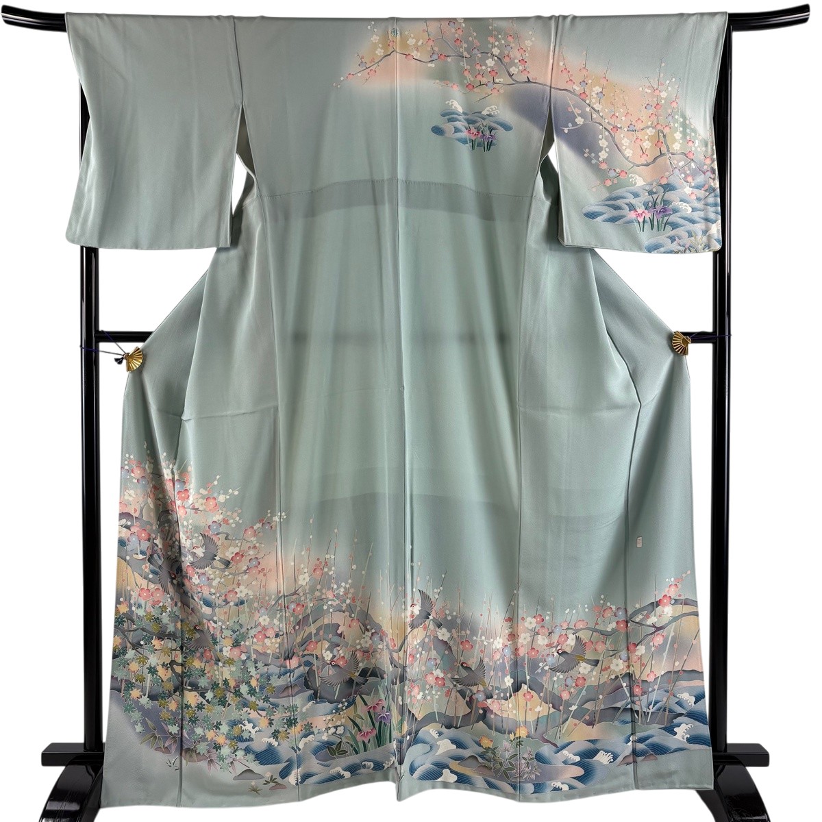 訪問着 身丈165.5cm 裄丈68.5cm L 袷 落款あり 鳥 枝梅 ぼかし 水色 正絹 秀品 一つ紋 【中古】｜バイセル 店