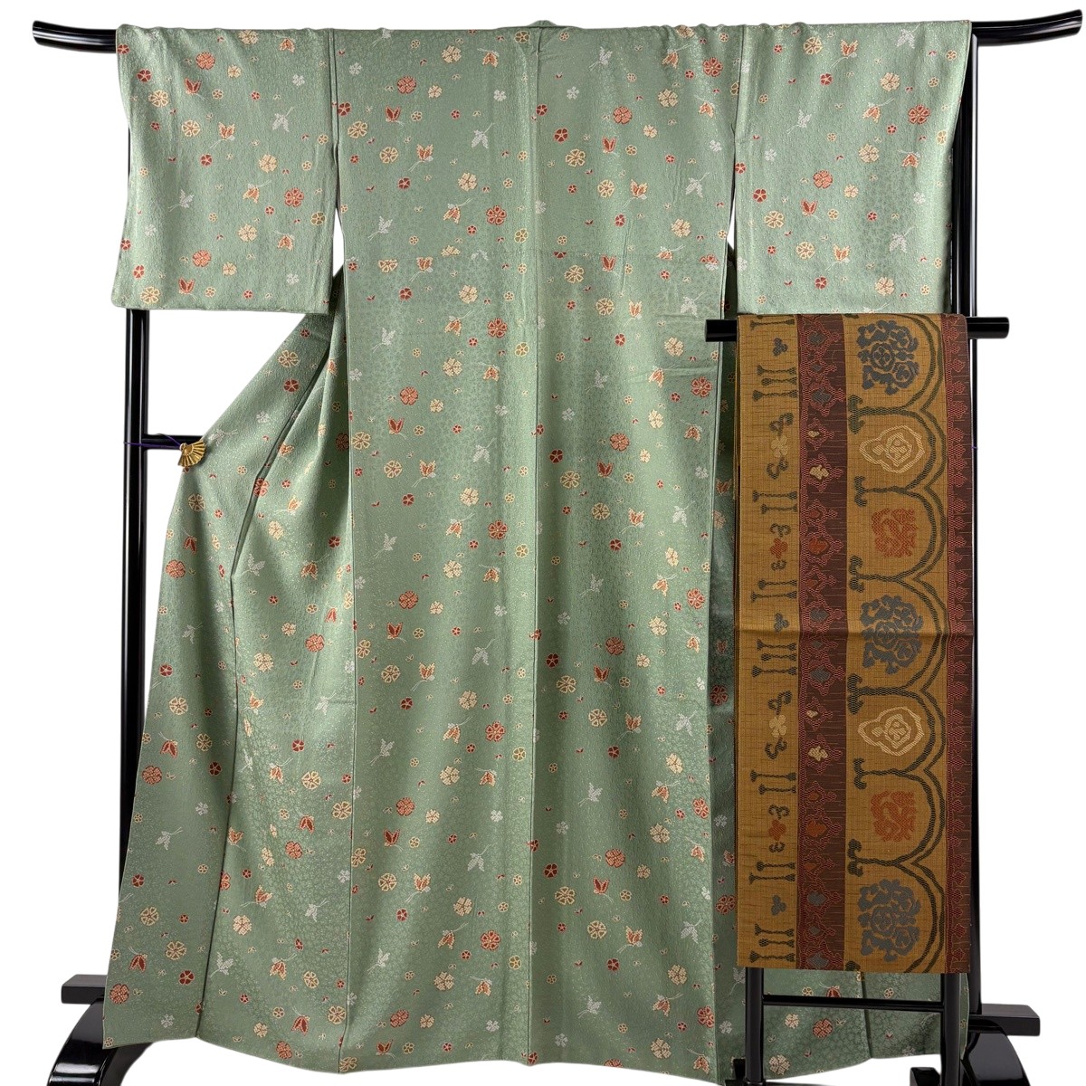小紋 身丈166cm 裄丈67cm M 袷 名古屋帯セット 蝶 花 灰緑 正絹 秀品 【中古】｜バイセル 店