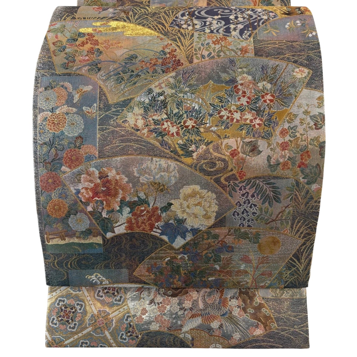【美品】 丸帯 逸品 分析通知書付き 伝承国宝図 箔 灰緑 お太鼓柄 正絹 【中古】 msp30|バイセル 店