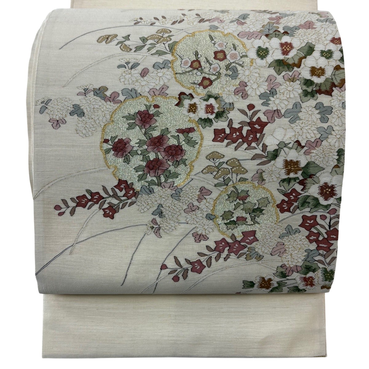 【美品】 袋帯 逸品 雪輪 草花 金糸 ベージュ お太鼓柄 正絹 【中古】 msp30|バイセル 店