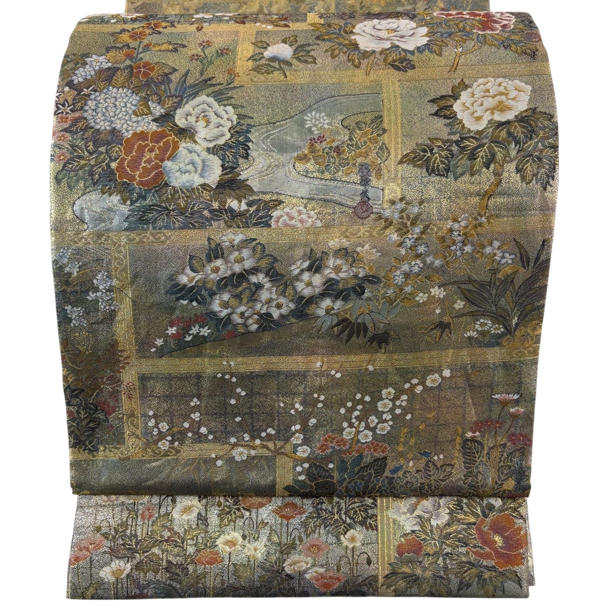 【美品】 袋帯 逸品 琳派大全集 草花 枝花 本金プラチナ箔 金色 お太鼓柄 正絹 【中古】 msp30|バイセル 店
