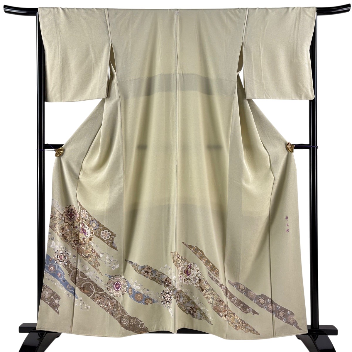 色留袖 身丈160cm 裄丈67cm M 袷 帝王紫 落款あり 鳳凰 華文 刺繍 金糸 灰緑 正絹 逸品 一つ紋 【中古】 msp30|バイセル 店