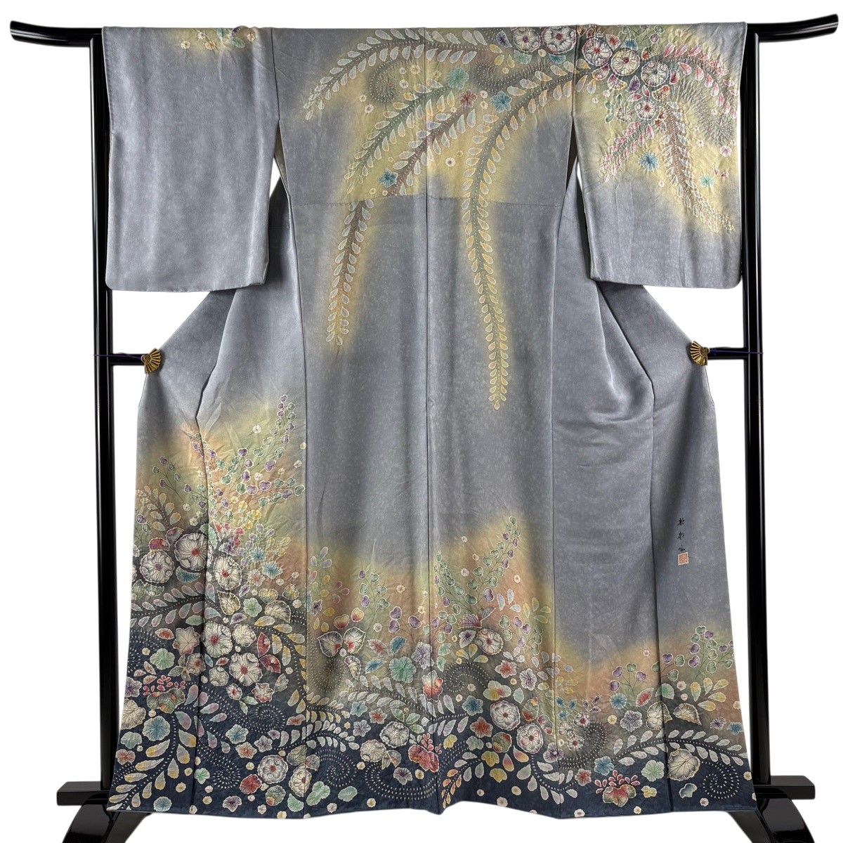 【美品】 訪問着 身丈160cm 裄丈65cm M 袷 落款あり 辻が花 ぼかし 青灰色 正絹 逸品 【中古】 msp30｜バイセル 店