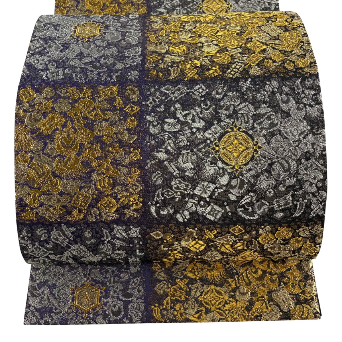 【美品】 袋帯 逸品 じゅらく 落款あり 本金箔 白金箔 宝尽くし 金銀糸 箔 紫 六通 正絹 【中古】 msp30|バイセル 店