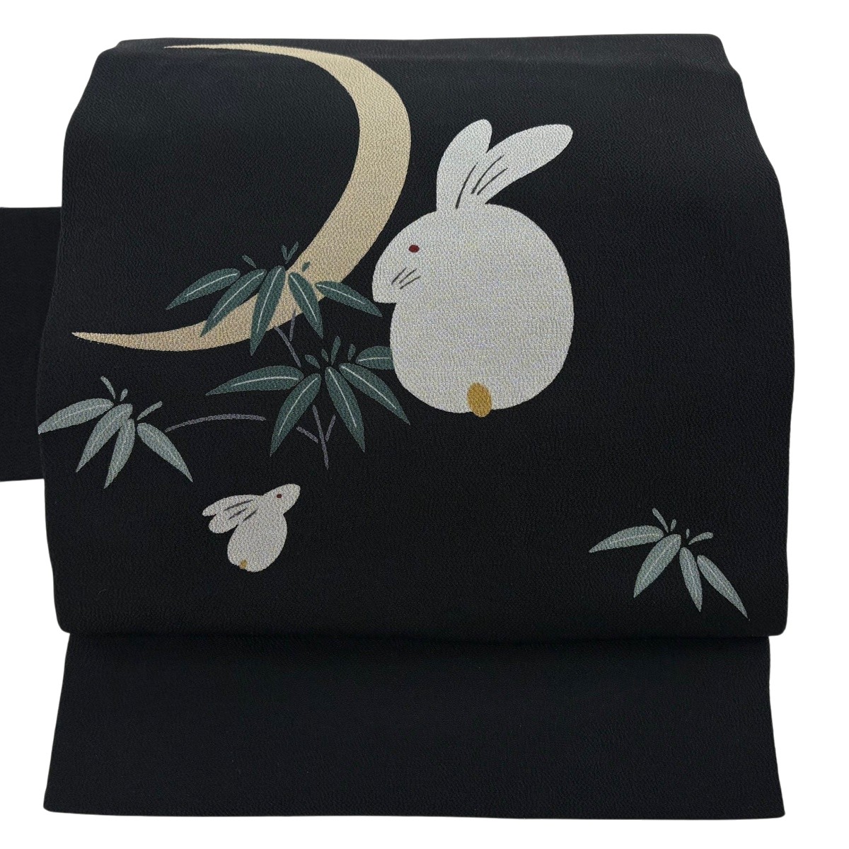 名古屋帯 名品 うさぎ 三日月 縮緬 黒 正絹 【中古】 msp50｜バイセル 店